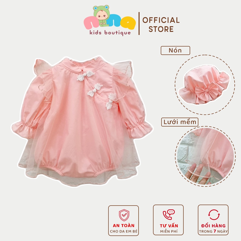 Body dài tay cho bé gái sơ sinh Nina Kids Boutique Body công chúa hồng Cổ tàu phối lưới Kèm nón Size 0 24m