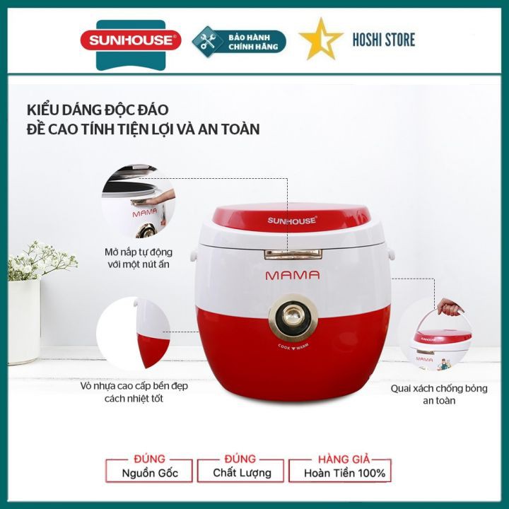 [Mã ELHADEV giảm 4% đơn 300K] NỒI CƠM ĐIỆN 1.8L SUNHOUSE MAMA SHD8661 ĐỎ TRẮNG, chất lượng Hàn Quốc, bảo hành 2 năm