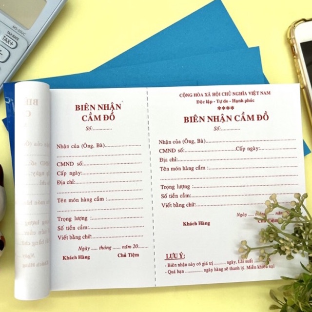 Biên nhận cầm đồ khổ A5, 1 liên, 2 liên 100 tờ/ quyển hàng in sẵn