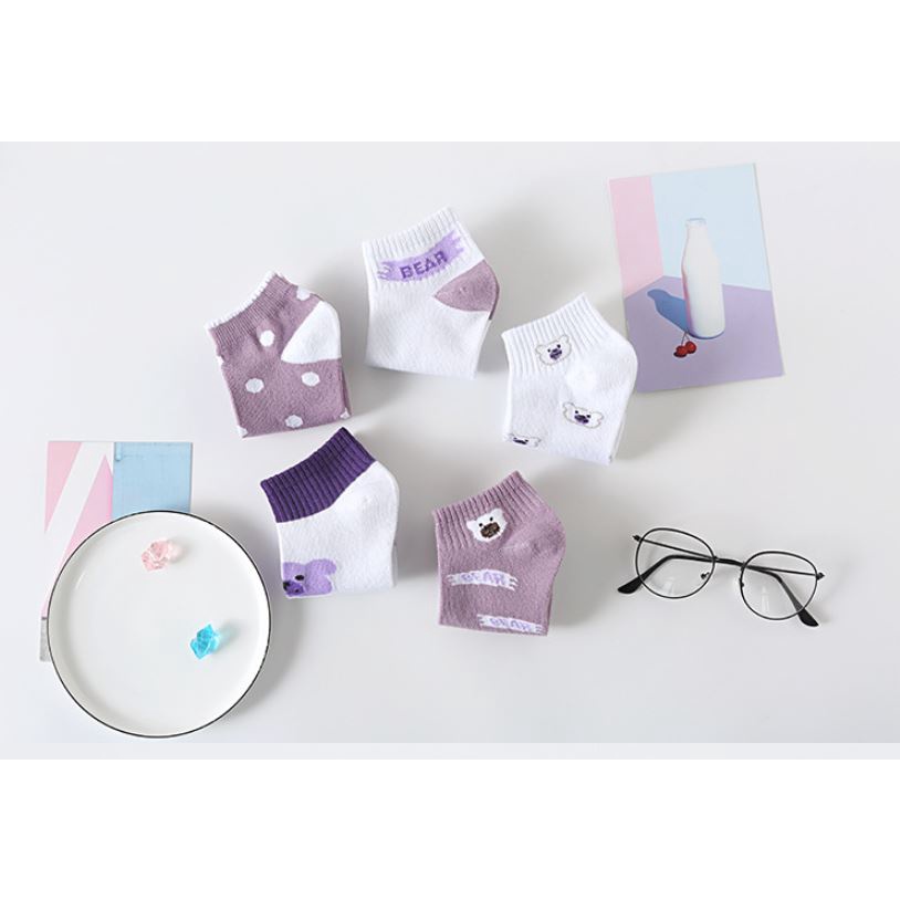 Set 10 Đôi Tất Vớ Nữ Ngắn Cổ Mix Gấu Tím Như Ảnh
