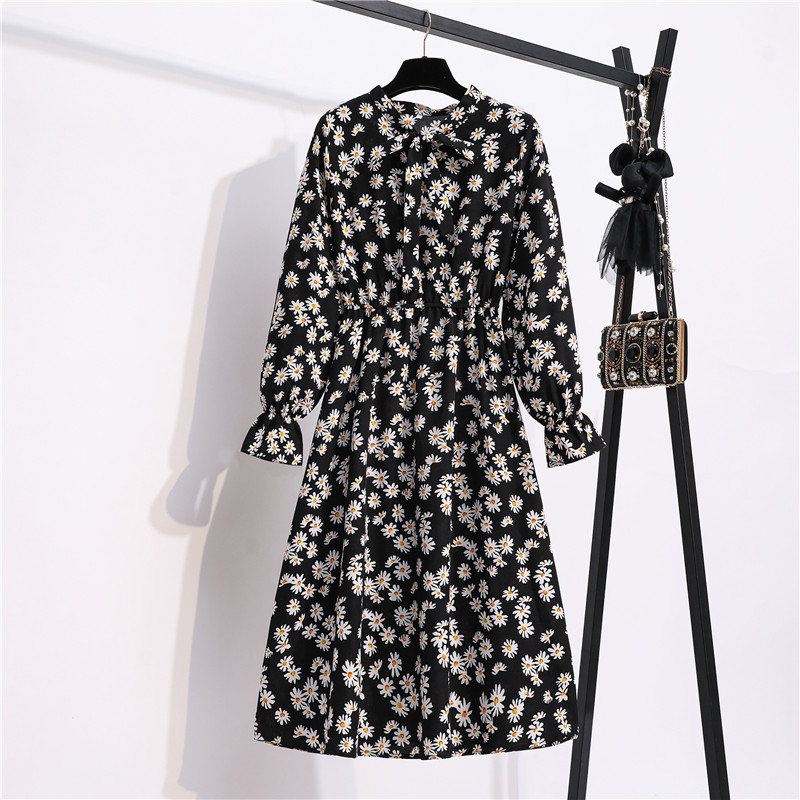 Ready Stock 2021 New Fashion Korean Dresses Floral Chiffon Women Casual Dinner Long Sleeve A-line Midi Dress Muslimah Wear Import