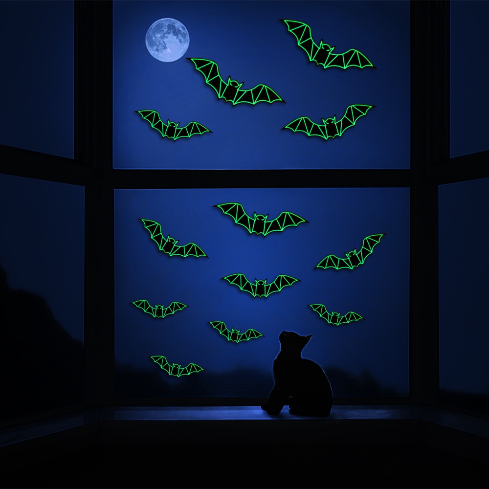 Bộ 12 Đề Can Dán Cửa Sổ / Cửa Ra Vào Họa Tiết Dơi 3D Màu Đen Dạ Quang Chống Thấm Nước Có Thể Tháo Rời