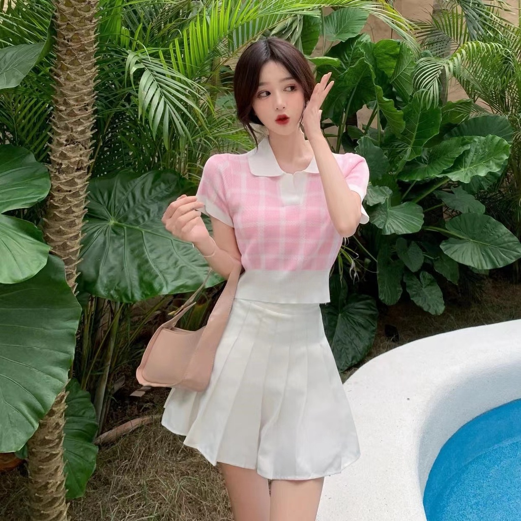 【Hana and Alice】Áo Thun POLO Dệt Kim Ngắn Tay Lưng Cao Gợi Cảm
