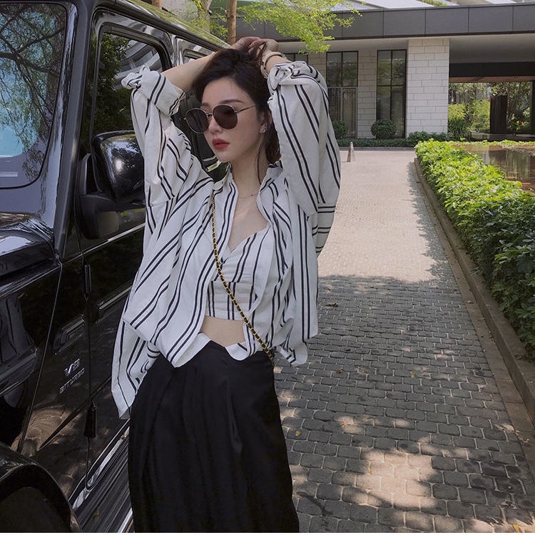 AMOI Áo Hai Dây Dáng Rộng Họa Tiết Kẻ Sọc Thời Trang 2022 Trẻ Trung Cho Nữ