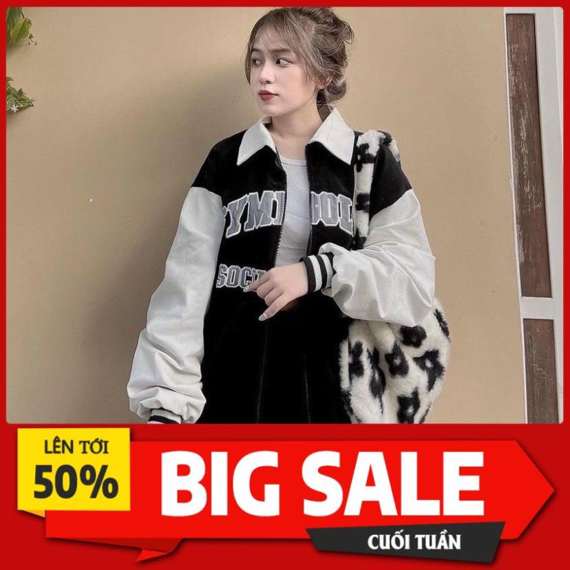 SALE Áo Khoác Nữ, Áo Bomber Phối Cổ Trắng In Chữ Symbolic Form Rộng Chất Umi Dày Đẹp Hàng QC