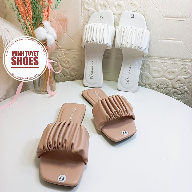 Dép kiểu nữ đế bằng quai ngang nhún nhúm trơn thời trang đế bằng đẹp mới hè 2021 mã DNT MINHTUYETSHOES