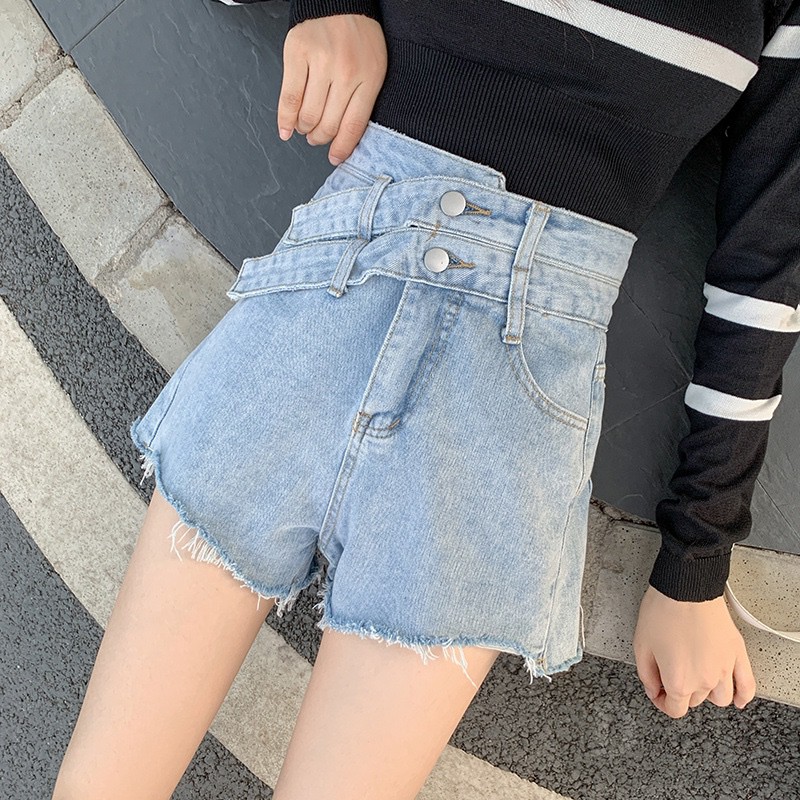 Quần Short Jean Lưng Cao Dáng Rộng Rách Gối Phong Cách Hàn Quốc Thời Trang Mùa Hè Hàng Mới