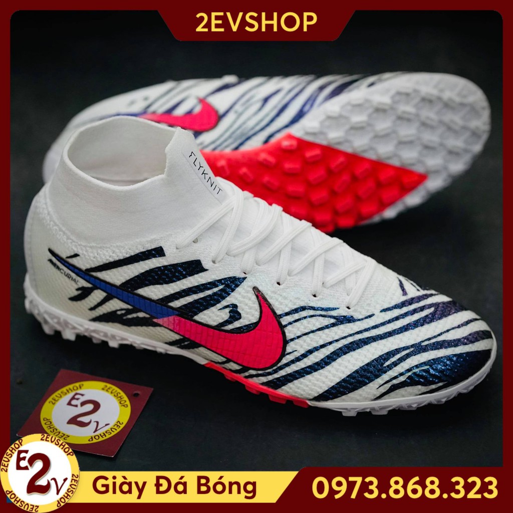 Giày Đá Bóng 𝗧𝗙 𝗡𝗶𝗸𝗲 𝗠𝗲𝗿𝗰𝘂𝗿𝗶𝗮𝗹 𝟭𝟰 Trắng Vằn Đen Cao Cổ Đã Khâu