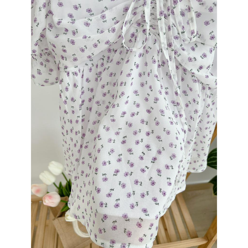 Áo Babydoll Trễ Vai Tay Phồng Hoa Nhí Tím A05