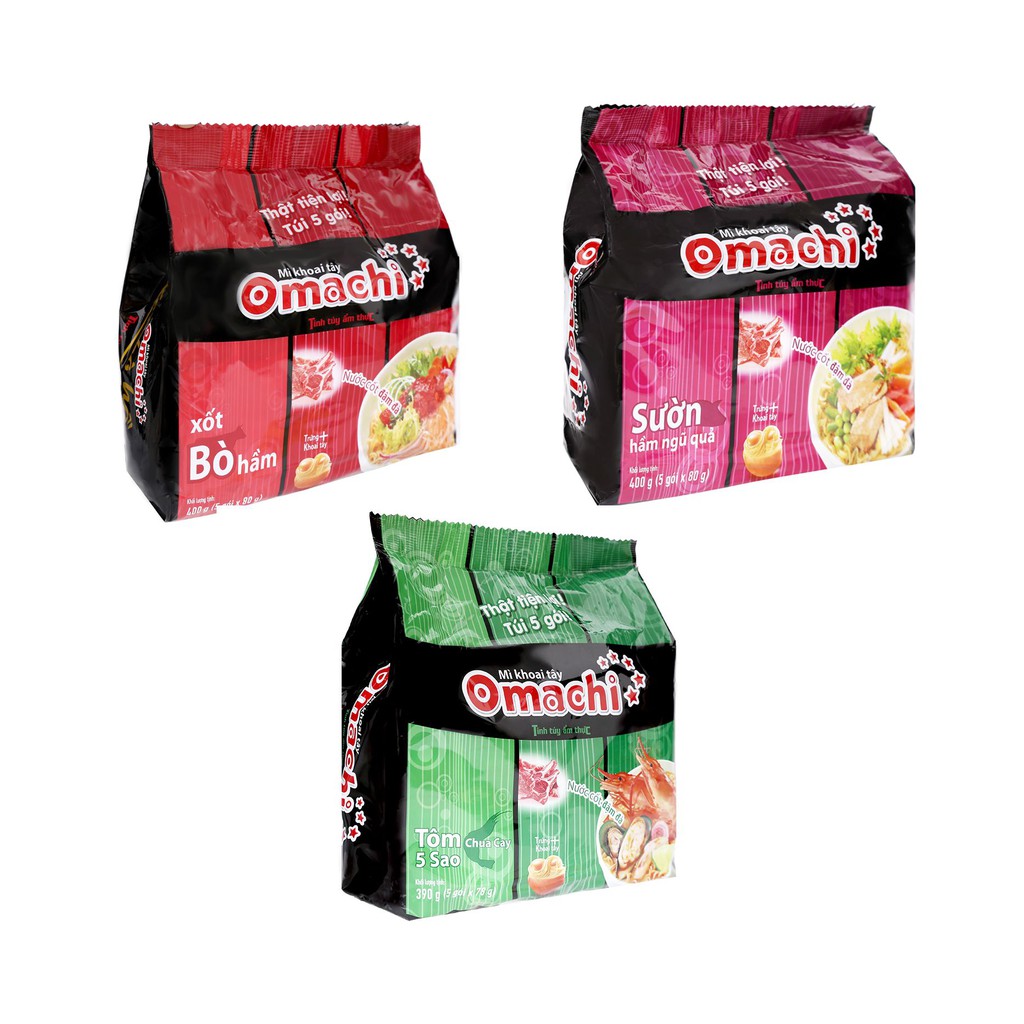 Lốc 5 gói mì khoai tây Omachi Sườn hầm/Tôm chua cay Thái/Bò hầm/Mì trộn sốt Spaghetti