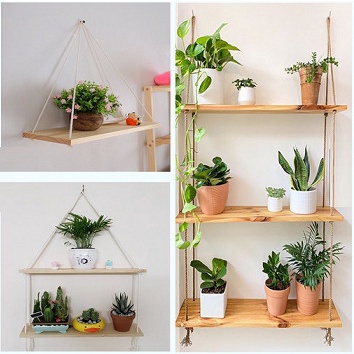 Kệ decor dây thừng treo cây cảnh, đồ trang trí đẹp gỗ thông tự nhiên.