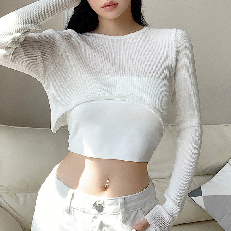 Áo croptop tay dài len trắng nửa eo phong cách sexy-BITCHES