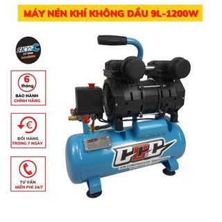 Máy nén khí mini GT9009l-1200W, bình hơi không dầu 9lít, 2 đầu nạp khí siêu nhanh 35s đầy bình, chống ồn, khí sạch