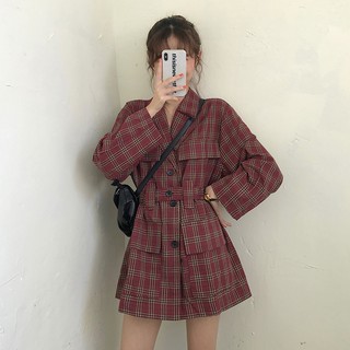 Đầm sơmi caro sọc nịch eo xinh