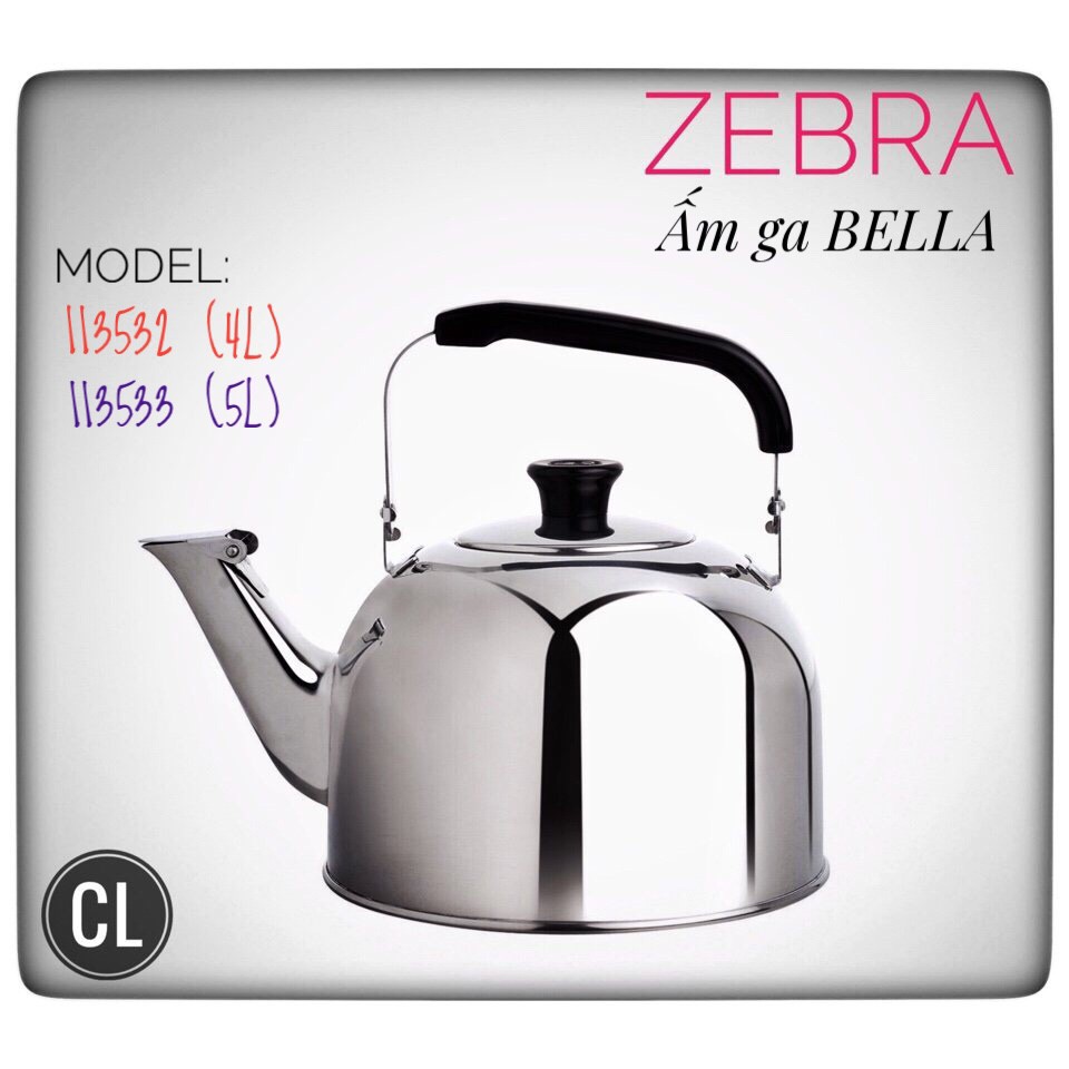 Ấm đun nước Inox 304 Zebra Bella 4l/5l. Có Còi Reo, Dùng Được Trên Bếp Từ