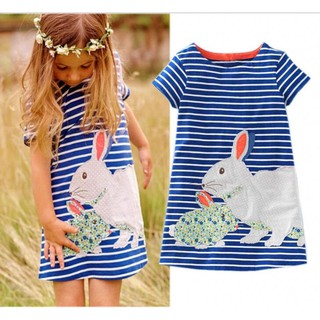 BღBღKid Girl Short Sleeve Rabbit Bunny Cartoon Striped Dress