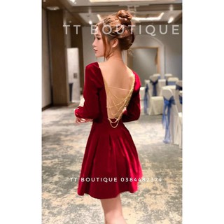 Đầm xoè nhung đỏ hở lưng dây xích - Váy đầm dự tiệc giá rẻ CE45V2