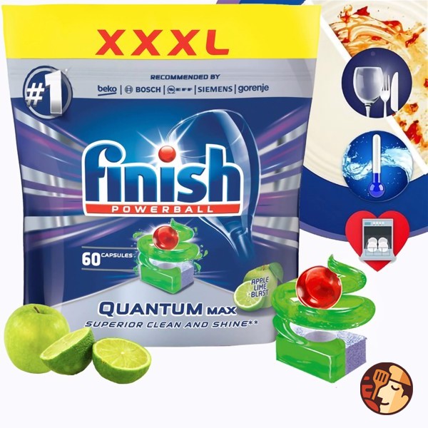 Viên rửa bát Finish Quantum Max Túi 60viên (Hương Táo chanh) - viên rửa chén chính hãng EU