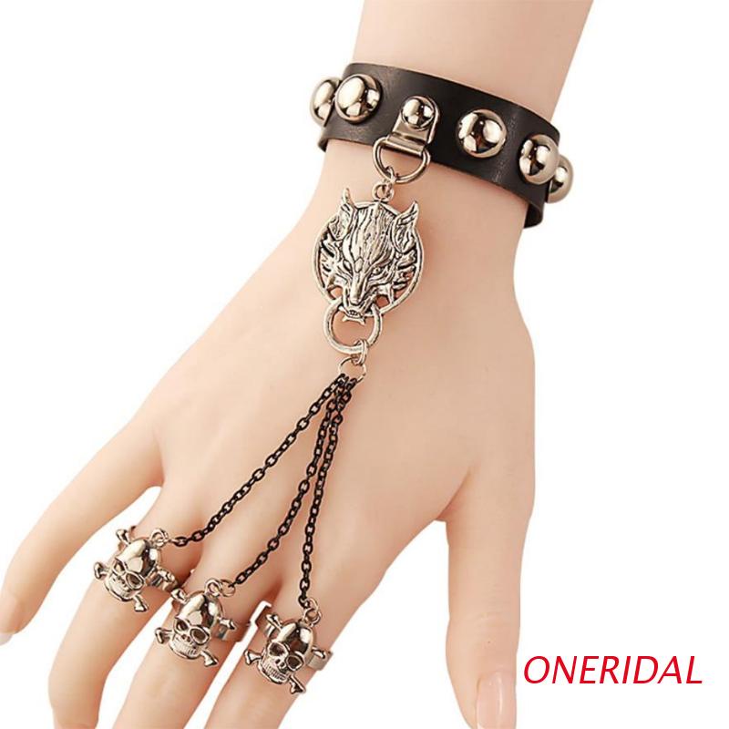 Oneri Vòng Tay Da PU Hình Đầu Sói Phong Cách Rock Punk Cá Tính