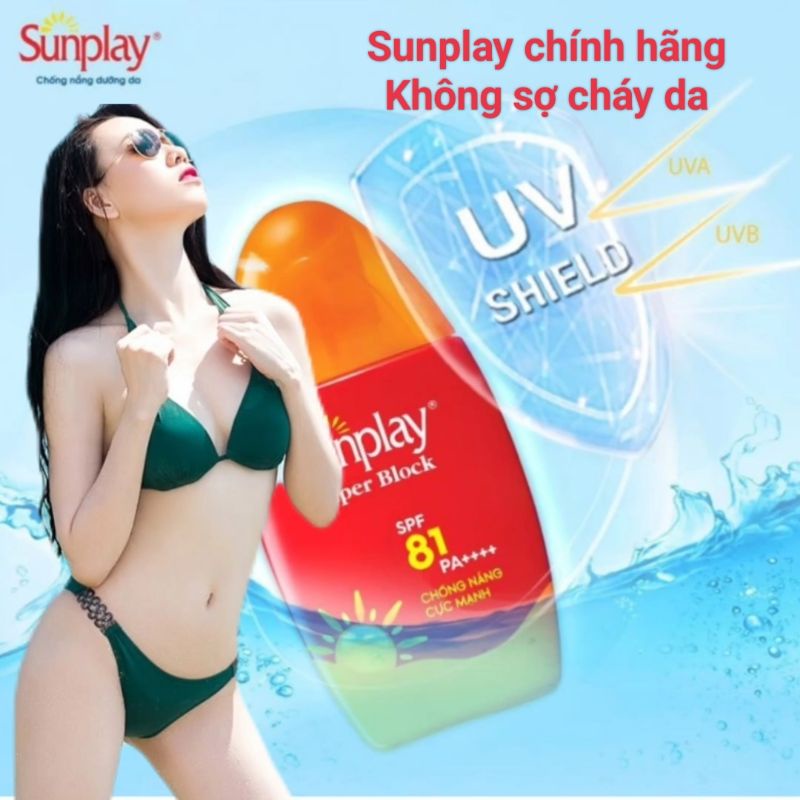 Sữa chống nắng hằng ngày dưỡng trắng Sunplay ,kem chống cháy da khi đi biển Super Block SPF 81+ PA++++30g,70g