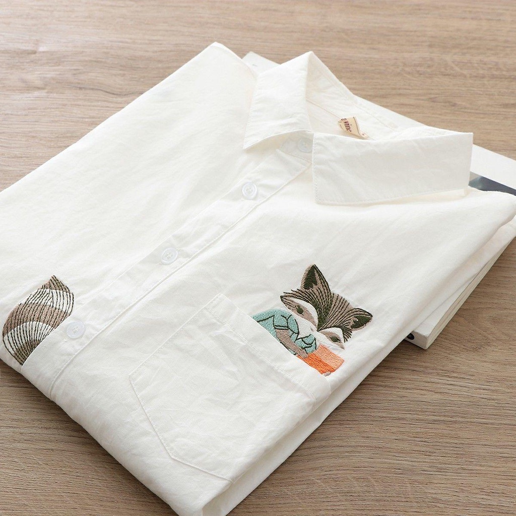 Set 100 Áo Sơ Mi cotton Nguyên Chất Tay Dài Thêu Hình Sóc Phong Cách Hàn Quốc Thời Trang Xuân Thu Mới Cho Nữ