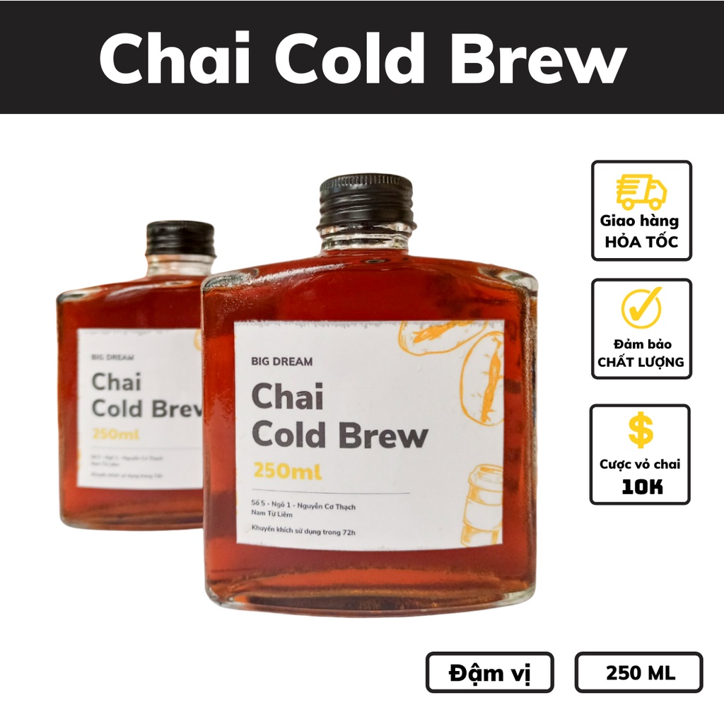 Cà phê nguyên chất đóng chai pha sẵn Cold Brew 250ml cafe rang xay đậm đà hương vị truyền thống gia đình