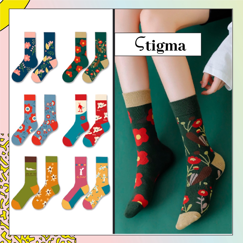 Tất Cao Cổ Lệch Nữ Nam hoạ tiết hình phong cách Vintage vớ độc lạ - stigma