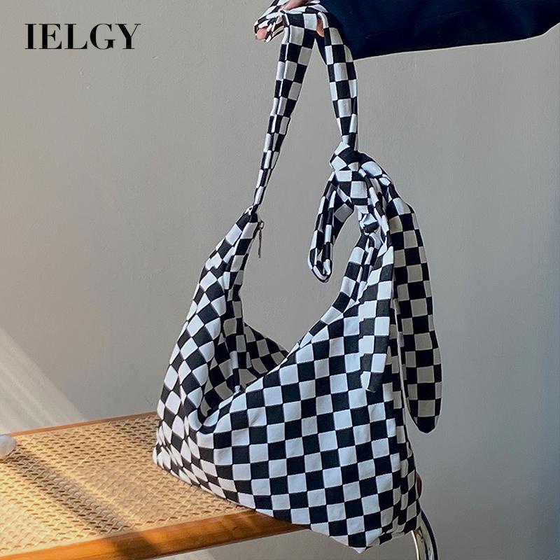 Túi đeo chéo IELGY bằng vải canvas sức chứa lớn họa tiết caro thời trang phong cách Hàn Quốc năng động cho nữ