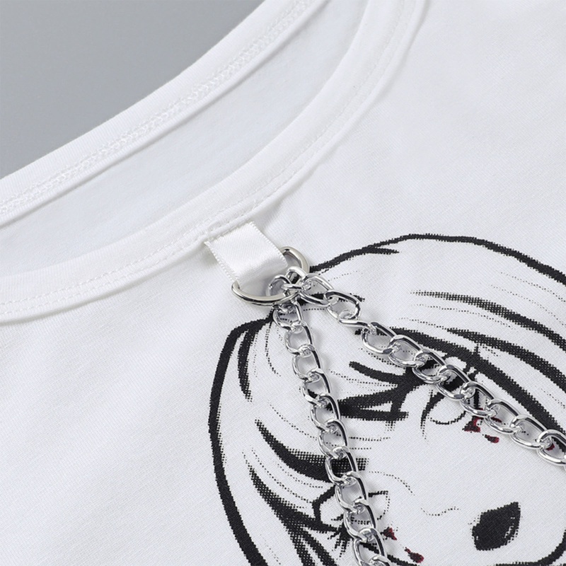 Áo Crop Top Cổ Tròn In Họa Tiết Hoạt Hình Phối Dây Xích Gợi Cảm Thời Trang Mùa Hè Cho Nữ