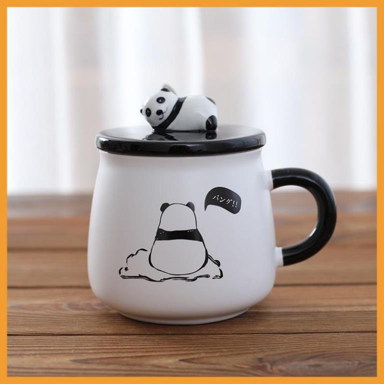 LY CỐC SỨ CẶP ĐÔI CÓ NẮP HÌNH GẤU PANDA CỰC NGỖ NGHĨNH 400ML KÈM THÌA XINH XẮN
