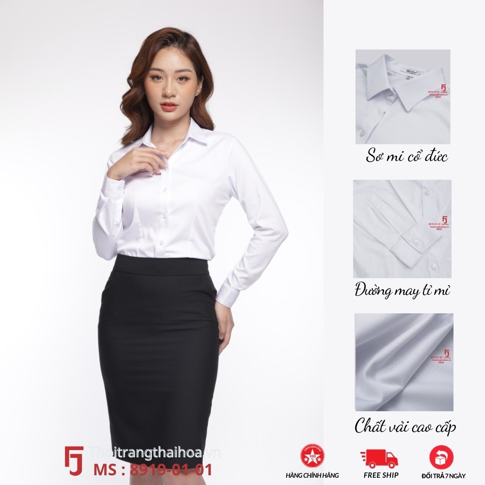 Áo sơ mi nữ công sở trắng đẹp dài tay kiểu bigsize vải sợi tre Thái Hoà 8919-01 ...