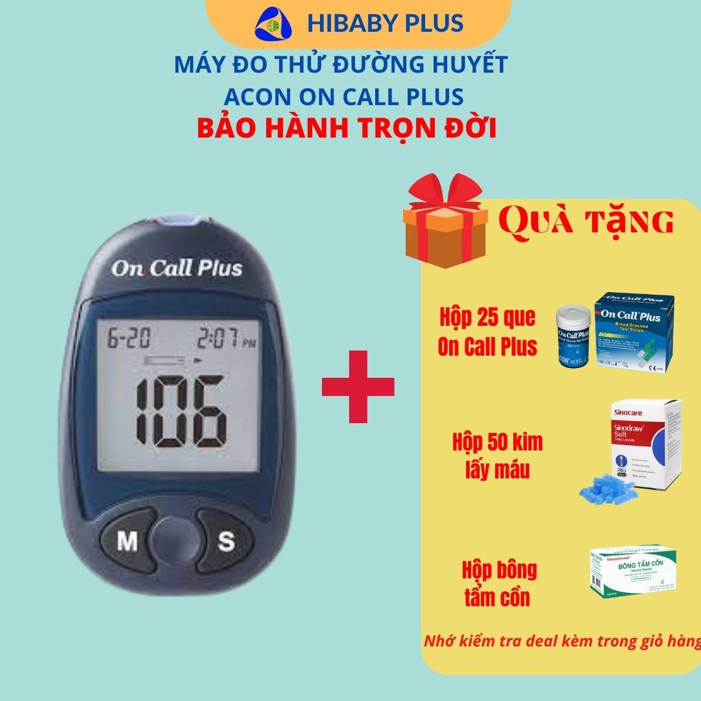 Máy đo đường huyết Acon On Call Plus TẶNG 25 que + 50 kim lấy máu + bông tẩm cồn tiệt trùng. Máy thử tiểu đường.