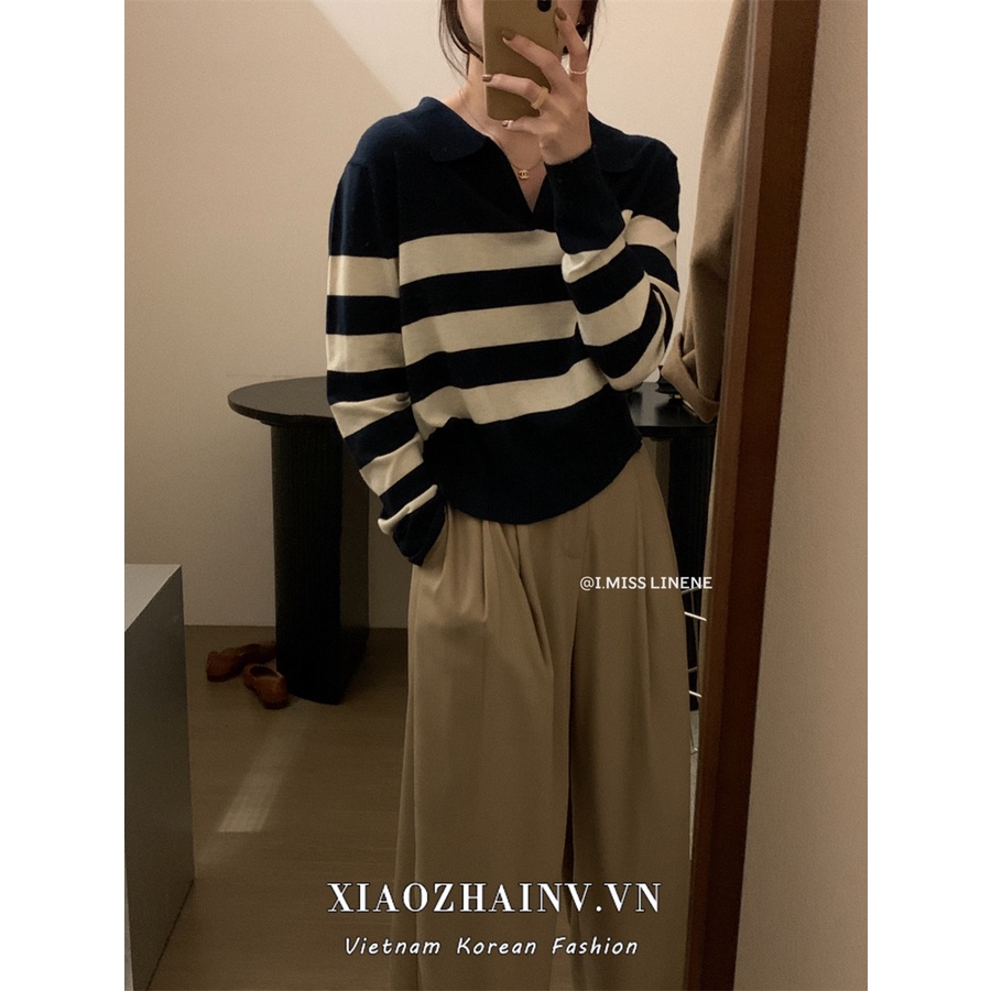 Áo sweater XIAOZHAINV cổ bẻ tay dài dáng rộng họa tiết kẻ sọc phong cách Hàn Quốc thời trang cho nữ