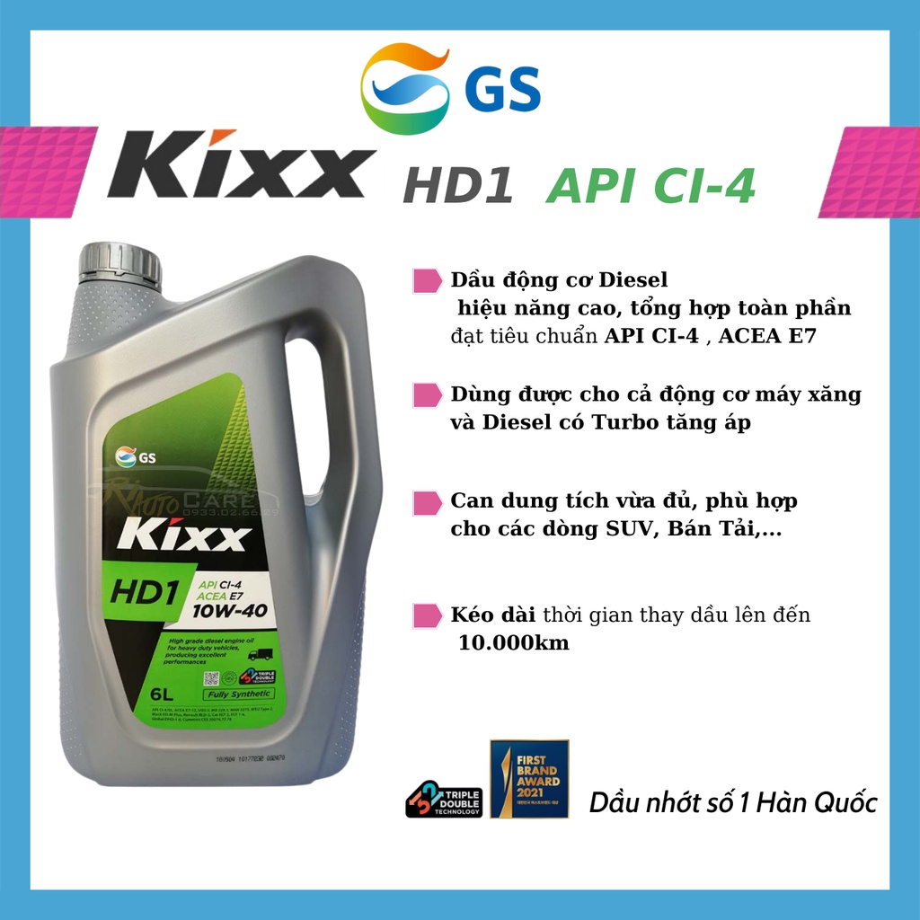 [Dầu động cơ máy dầu] Kixx HD1 CI-4/E7 10W40 6L - Tổng Hợp Toàn Phần   – Hàng chính hãng - Riautocare