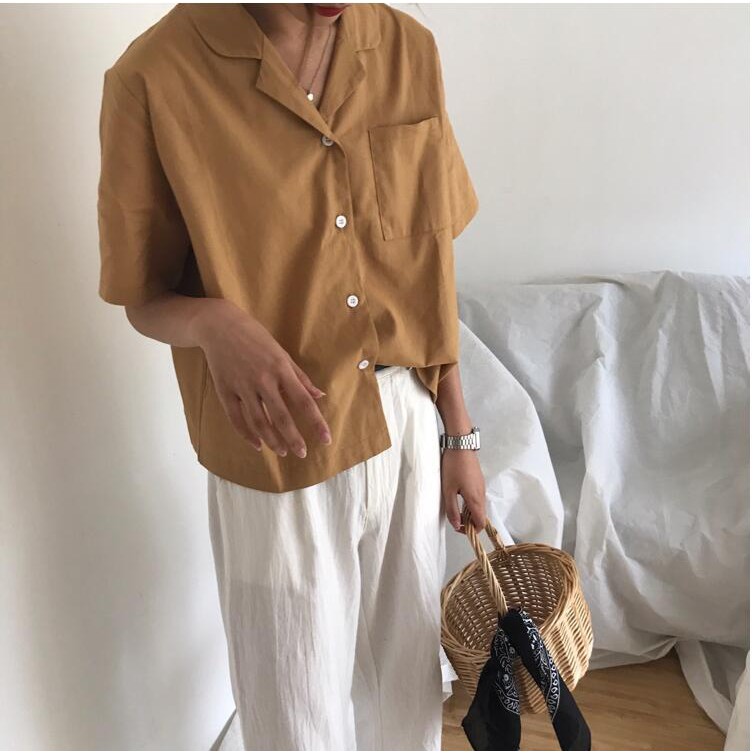 Áo Sơ Mi Tay Ngắn Cổ Bẻ Dáng Rộng Phong Cách Hàn Quốc Thời Trang Cho Nữ