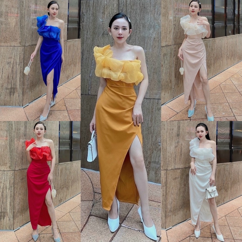 Đầm váy ôm body dài lệch hở vai bèo xẻ đùi vàng/xanh/đỏ/hồng/trắng, thời trang nữ dự tiệc sự kiện sang trọng quý phái
