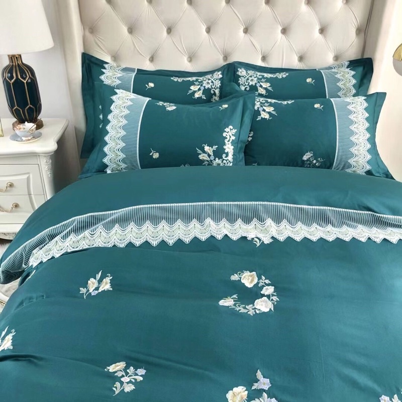 Bộ 4 món vỏ chăn ga gối Lụa Satin cao cấp xanh phối ren