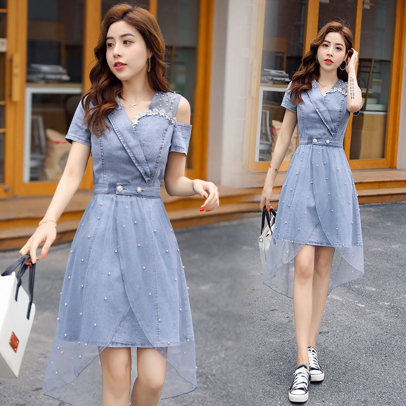 Đầm denim Dáng Ôm Hở Vai Phối Lưới Phong Cách Mùa Hè Mới Cho Nữ