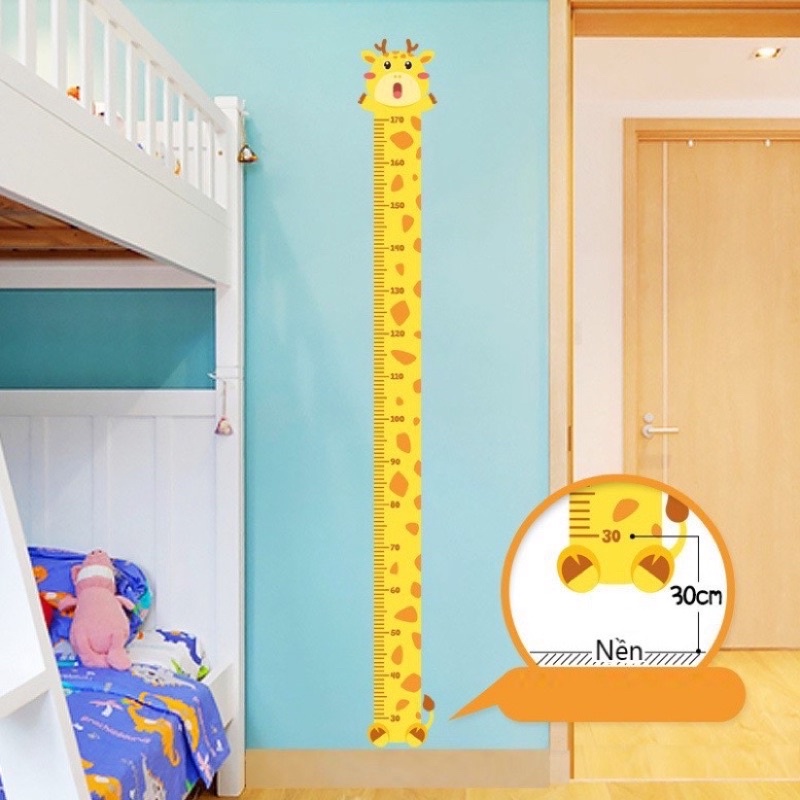 Decal dán tường thước đo chiều cao trẻ em bé hình con vật cute