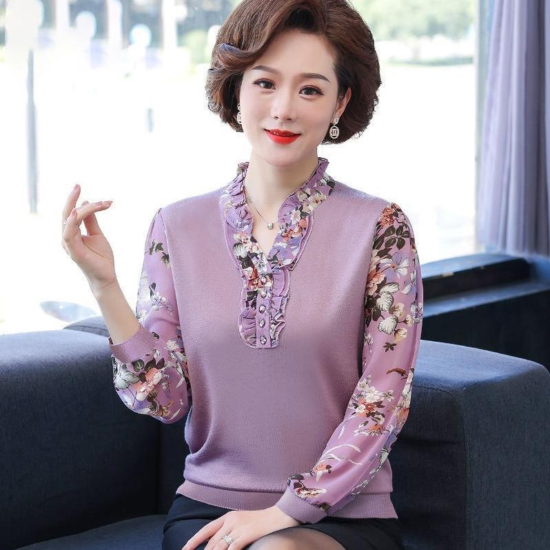 ❍Áo thun đầu cỡ lớn của người mẹ dài tay 2021 mùa xuân và thu mới phong cách lót kiểu xa tuổi trung niên mỏng gi Xịn