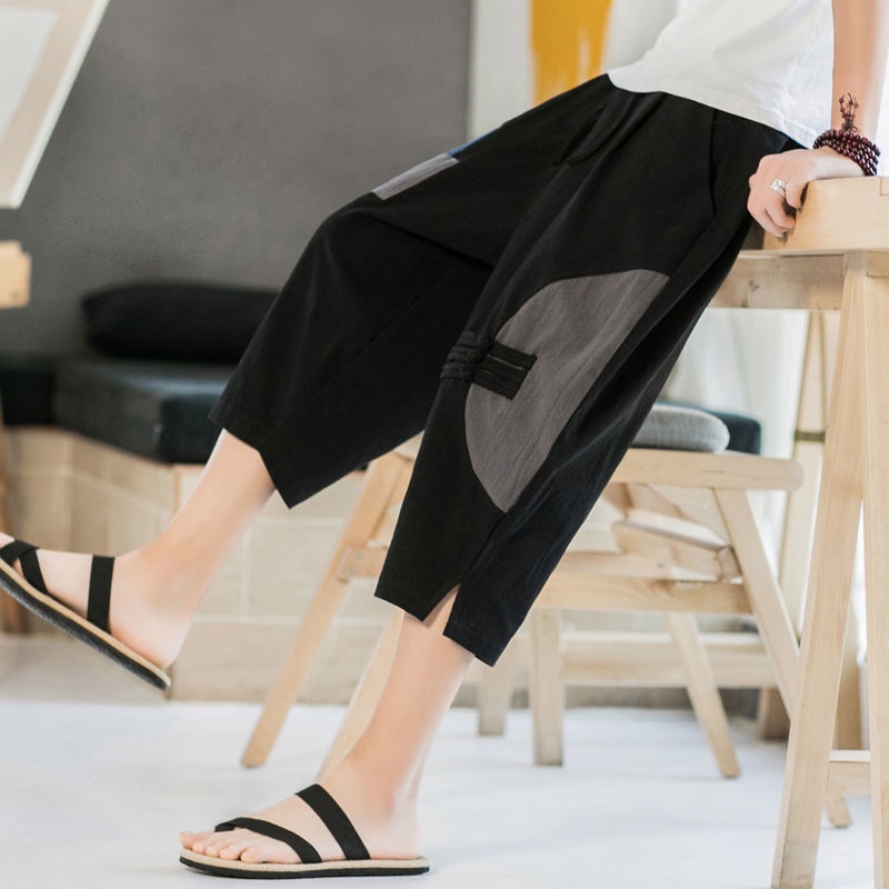 Quần Lửng Thể Thao Bằng Vải Lanh Dáng Rộng Phong Cách Trung Hoa Giản Dị Dành Cho Bạn Nam