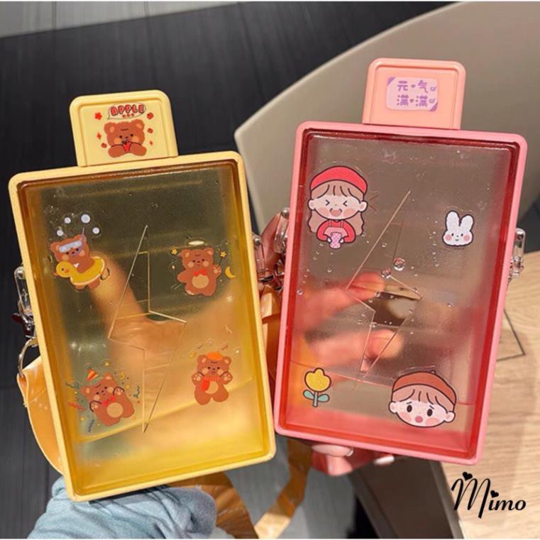 Bình đựng nước hình chữ nhật mẫu mới phong cách thể thao nhựa cao cấp dung tích 450ml kèm dây đeo tiện lợi