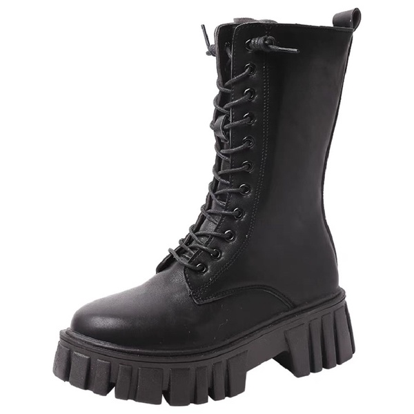Boots Martin nữ cổ ngắn đan dây đế cao 6cm có khoá kéo