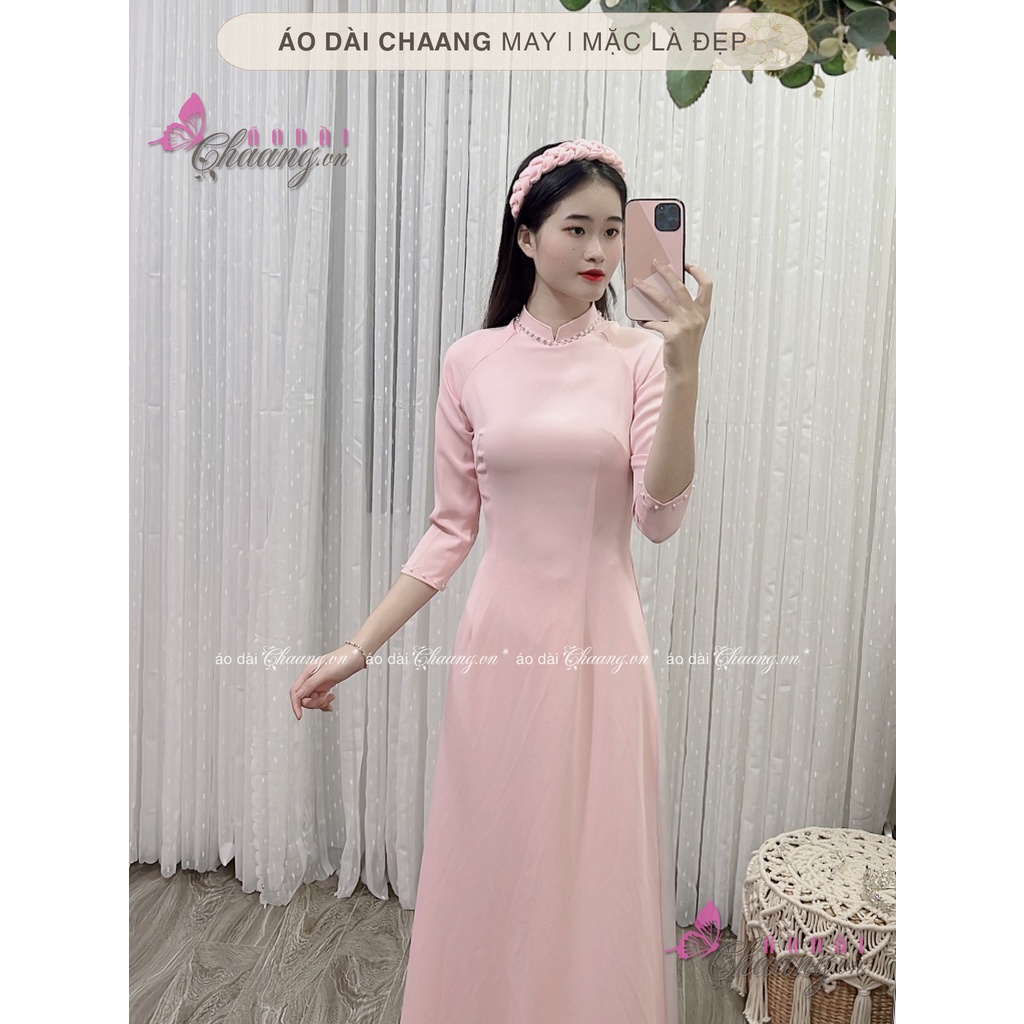Áo dài truyền thống màu hồng Chaang May sẵn kiểu áo cổ vuông tay lỡ, vải lụa tằm