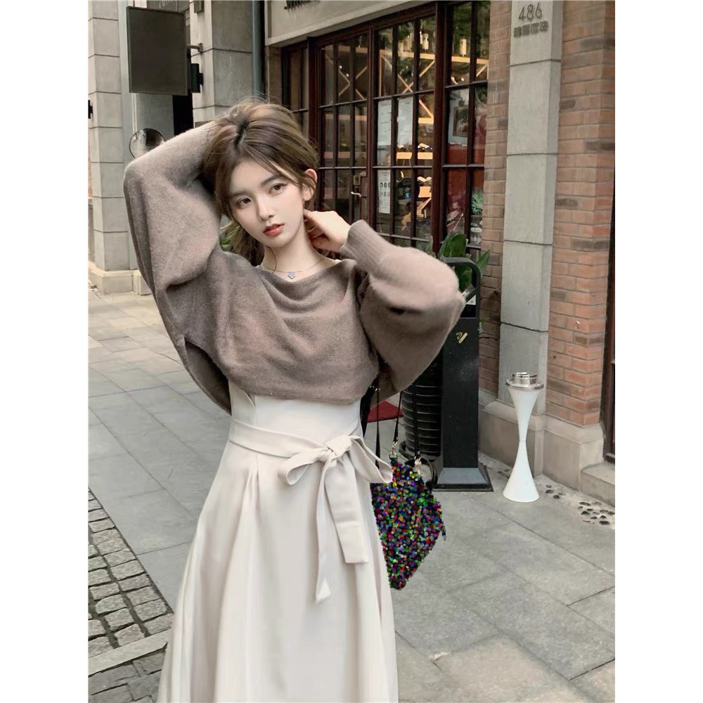 Sét váy nhung mix áo len nâu trễ vai  vải nhung mềm mịn kết hợp áo len siêu dễ thương