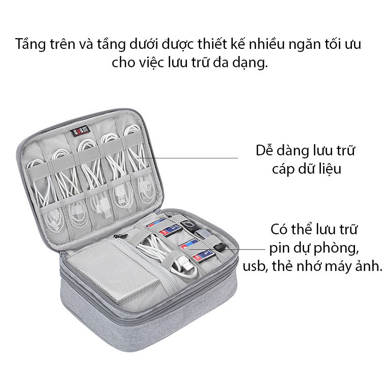 Túi phụ kiện công nghệ BUBM đựng sạc cáp, usb, thẻ nhớ, cỡ lớn, phom mềm