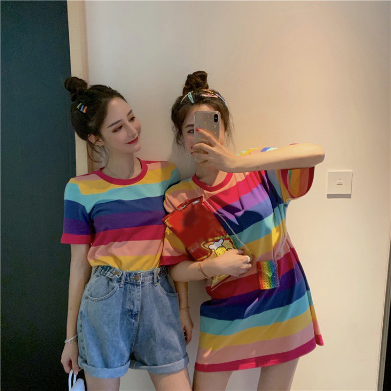 Áo Phông Áo Croptop Áo Thun Ngắn Tay Cổ Tròn Kẻ Sọc Màu Cầu Vồng Thời Trang Cho Nữ