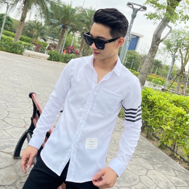Áo Sơ Mi Nam Thom Browne . Áo Sơ Mi Thom Trắng Thêu Bắp Tay  Họa Tiết Chất Cotton Gai Cao Cấp DT Fashion Menwear