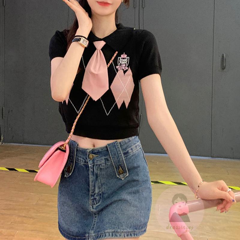Áo Thun Dệt Kim Ngắn Tay Cổ Bẻ Thêu Họa Tiết Hình Thoi Có Cà Vạt Cho Nữ
