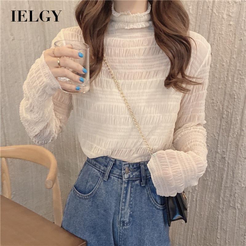 IELGY Áo Thun Mỏng Tay Dài Cổ Cao Phong Cách Hàn Quốc Cho Nữ